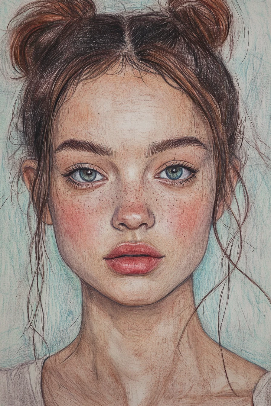 Retrato realista a lápices de colores de una chica pecosa y de cabello rizado