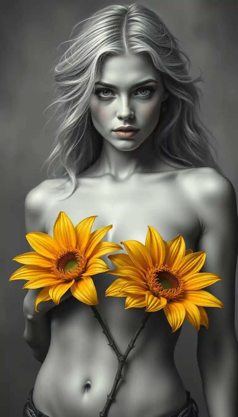 Retrato fotorrealista de una mujer joven con girasoles de colores