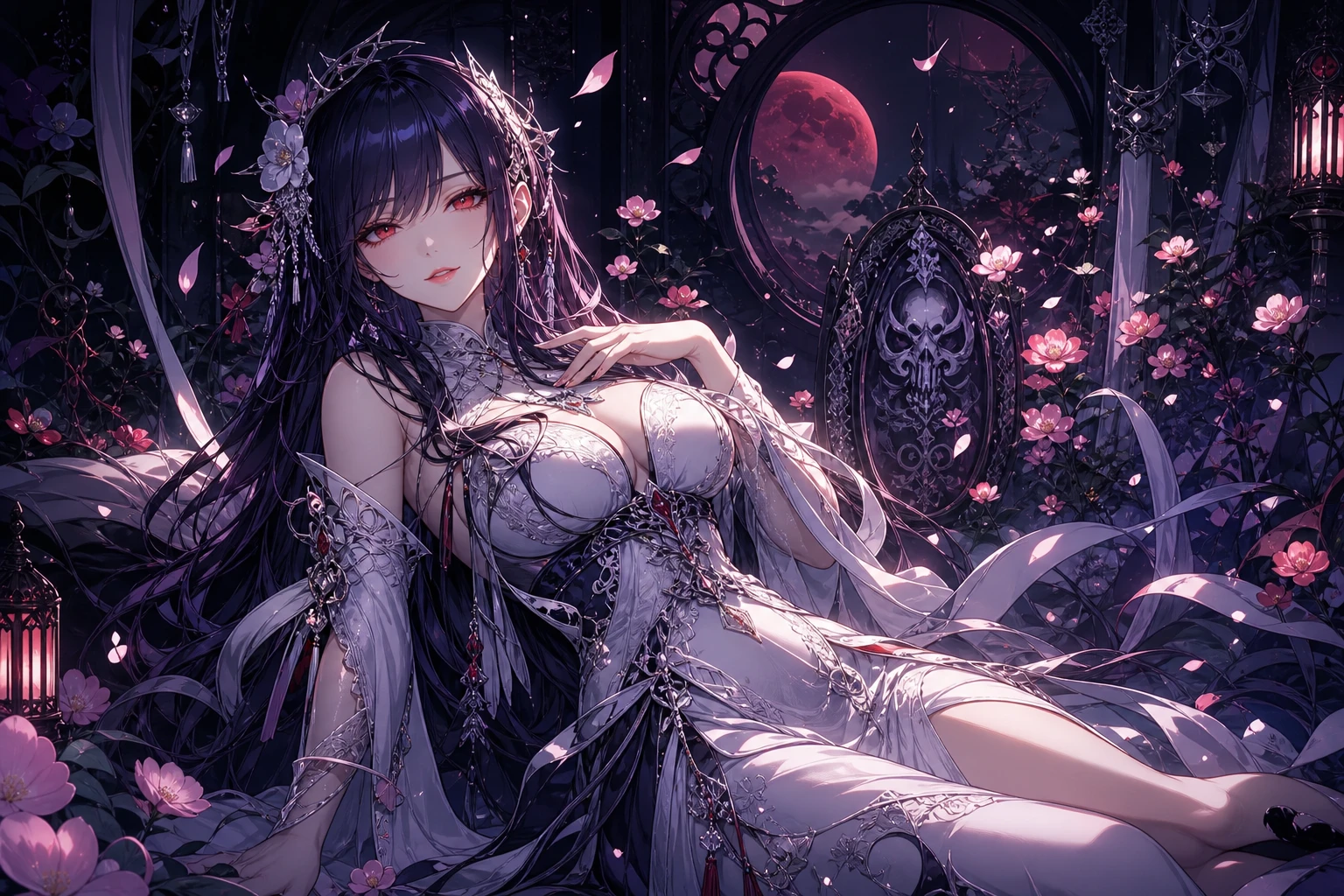 Mujer de anime de fantasía oscura con moda ceremonial - ilustración