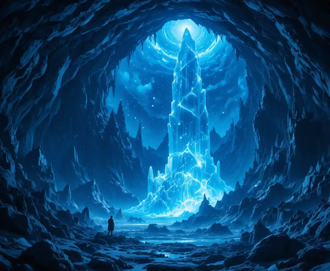 Paisaje de fantasía en cueva de cristal bajo un cielo de medianoche resplandeciente