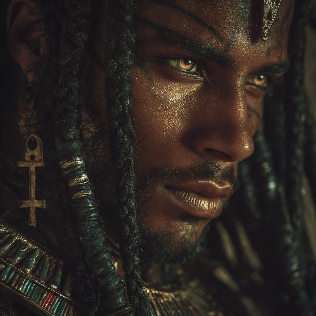 Retrato místico de hombre egipcio con ojos de ankh brillantes