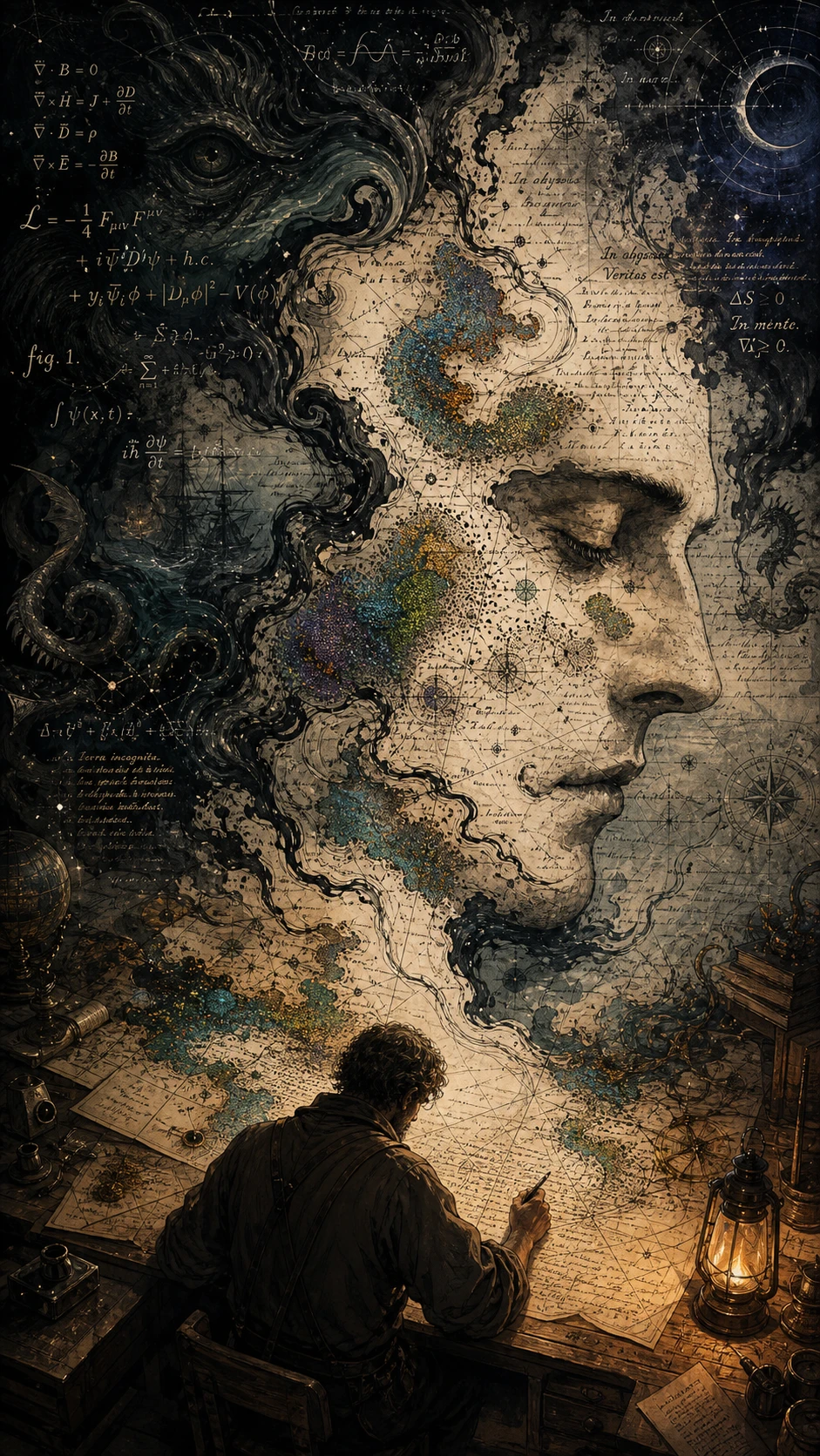 Explorador que cartografía océanos desaparecidos en un mapa vivo abstracto