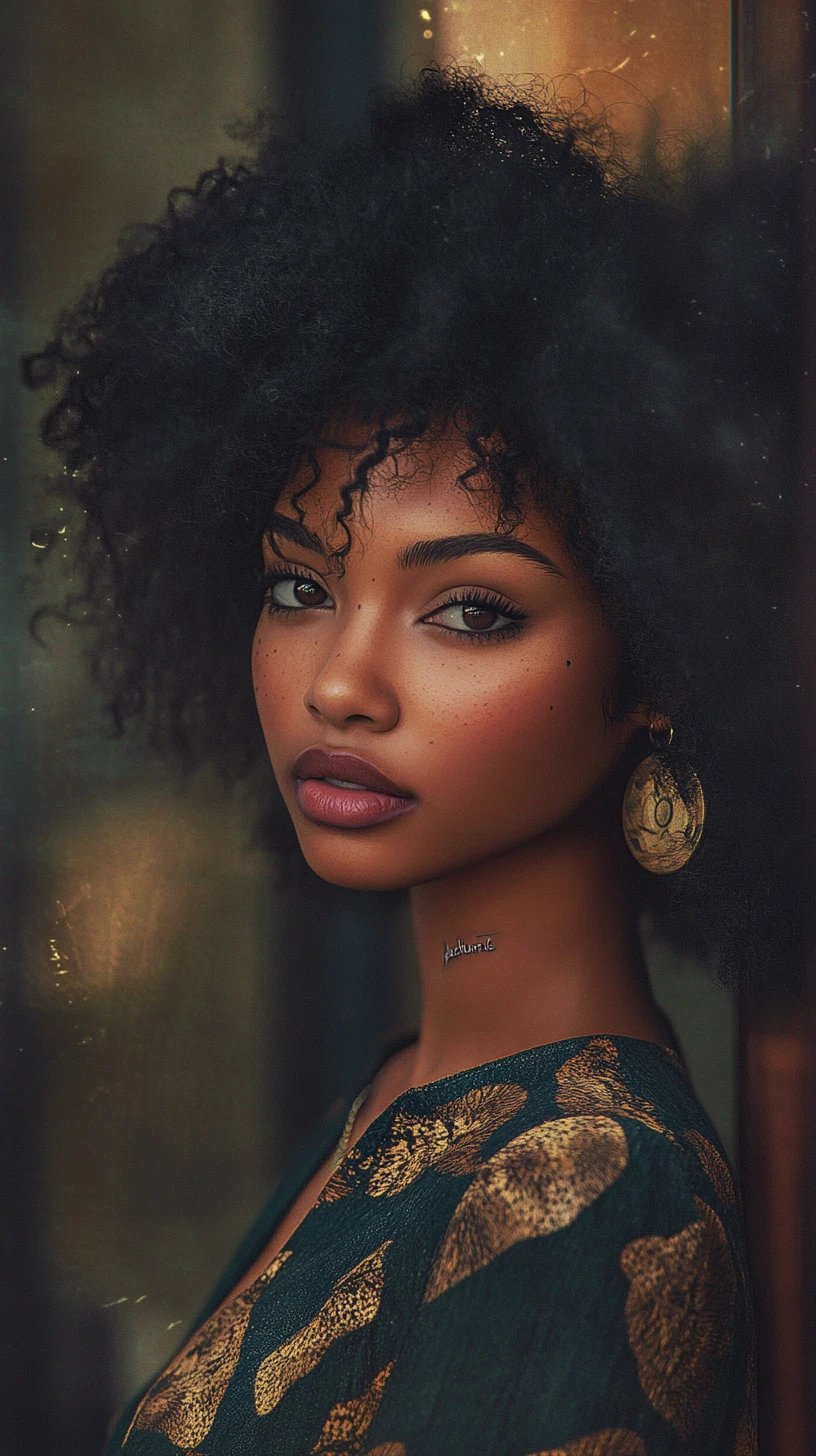 Serene close up portrait of a black woman with afro hair
