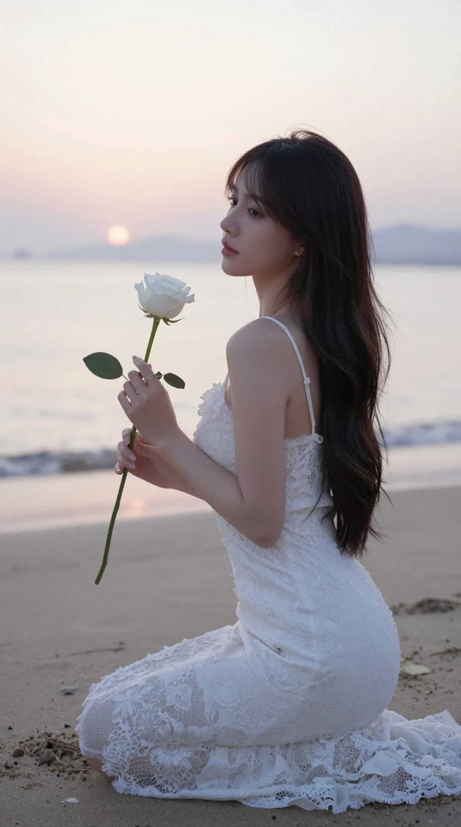 Joven arrodillada en la playa al atardecer con una rosa blanca