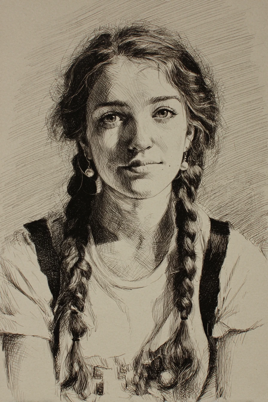 Retrato a tinta de una joven trenzada con mirada directa