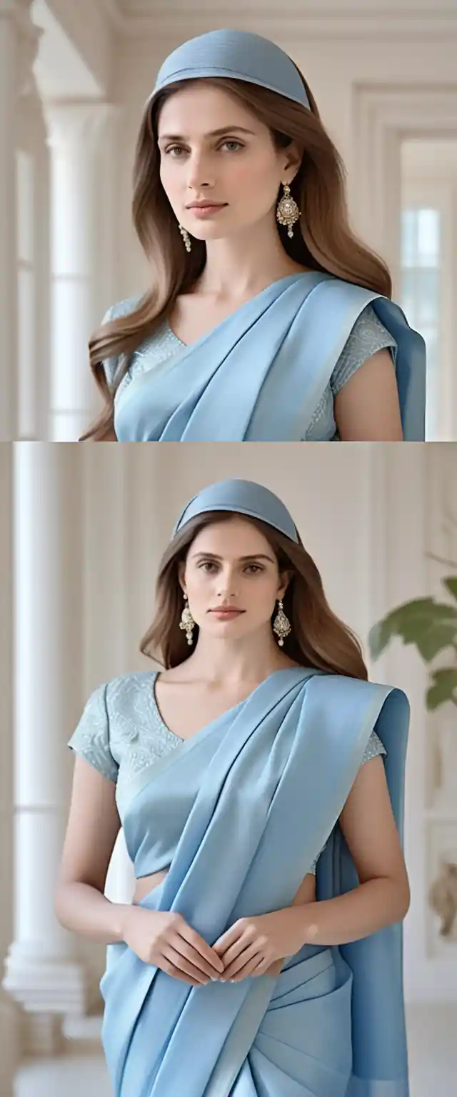 Retrato cinematográfico al aire libre de mujer elegante con sari azul