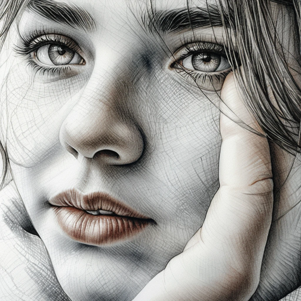 Retrato a Tinta de Joven Pensativa en Primer Plano