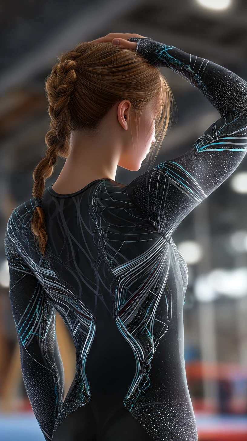 Young gymnast in patterned leotard inside training gym