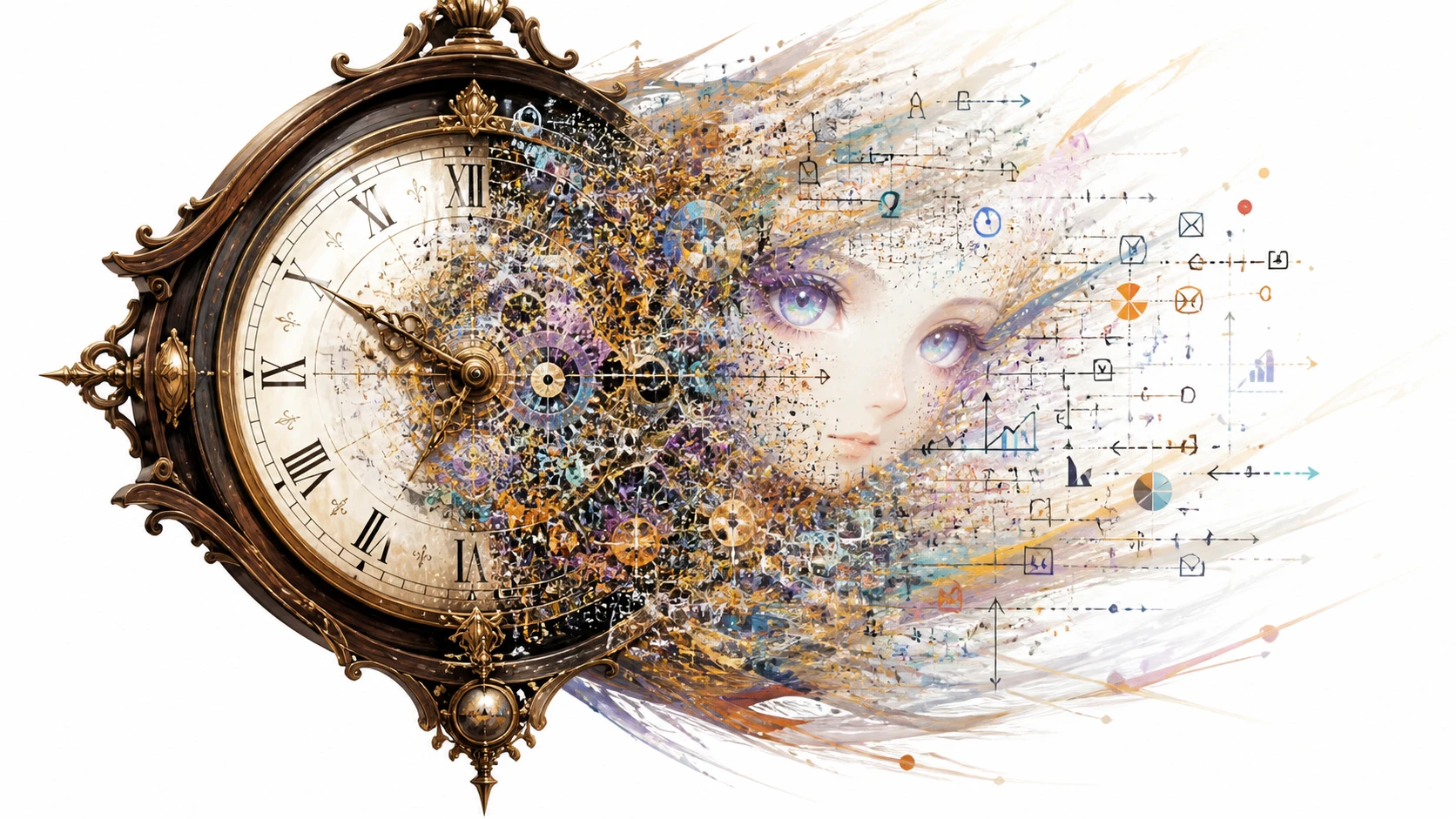 Reloj antiguo surrealista que se disuelve en coloridas ruedas dentadas simbólicas