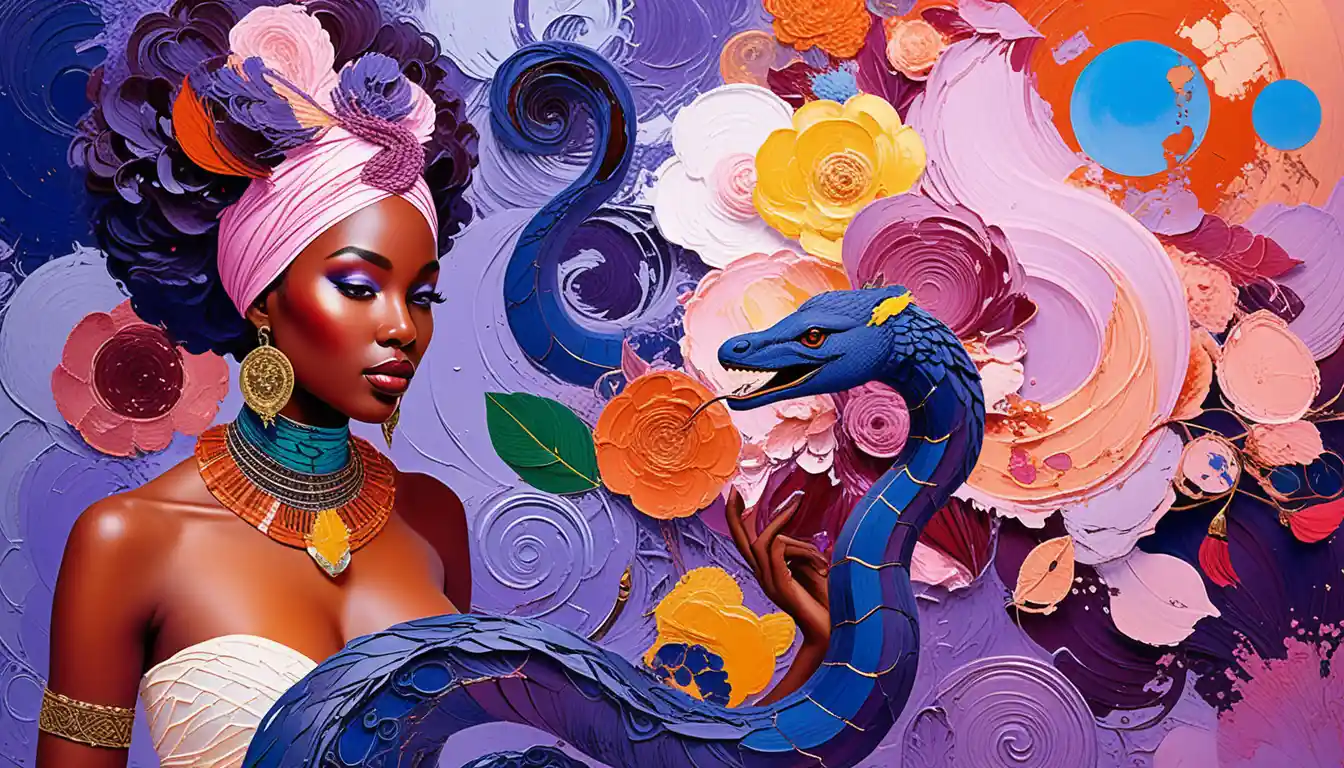 Serpiente afro de lujo en mixed media con aura sagrada y simbólica