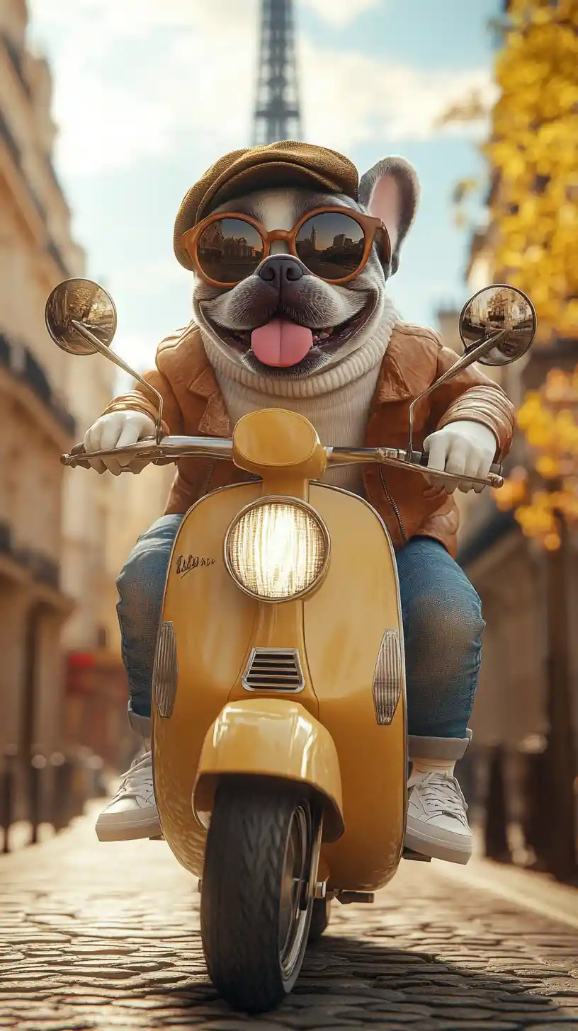 Französische Bulldogge fährt bei Sonnenuntergang mit einem Roller durch eine Pariser Straße