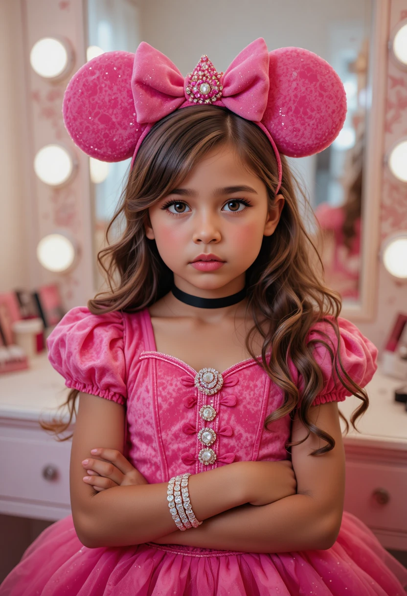 Preadolescente nervioso con disfraz de princesa frente al tocador en dormitorio rosa