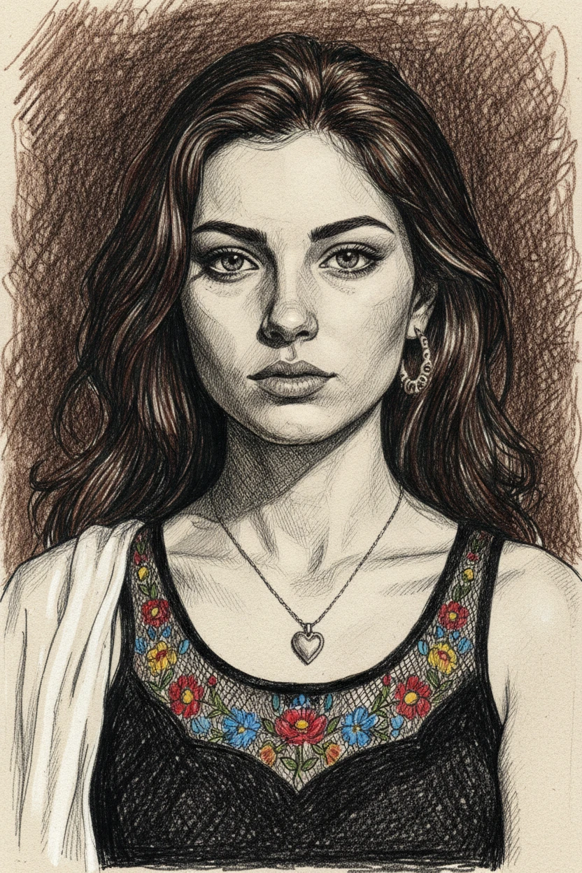 Dibujo a tinta y color de un intenso retrato de mujer joven
