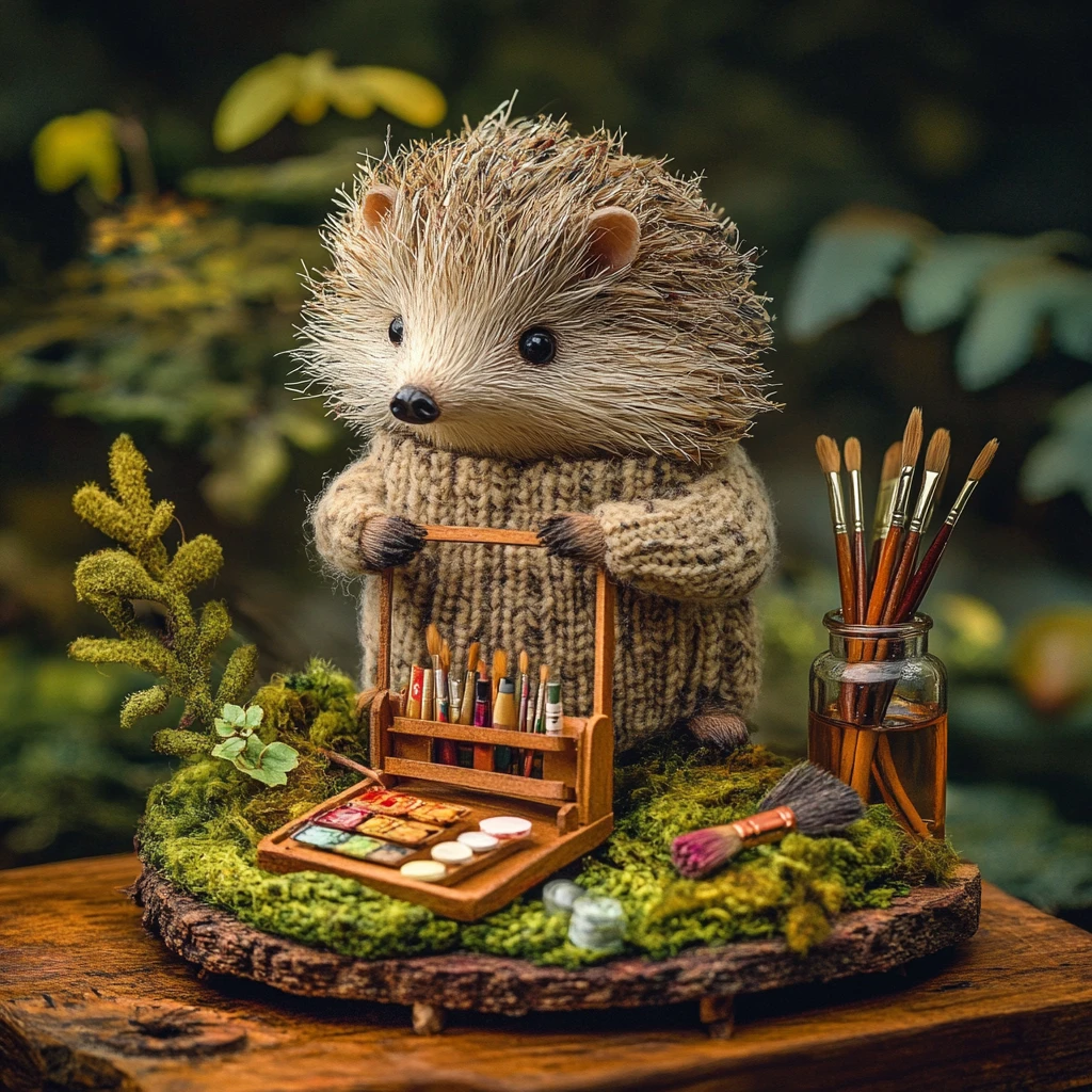 Hedgehog In Tweed Vest Standing In A Forest Scene