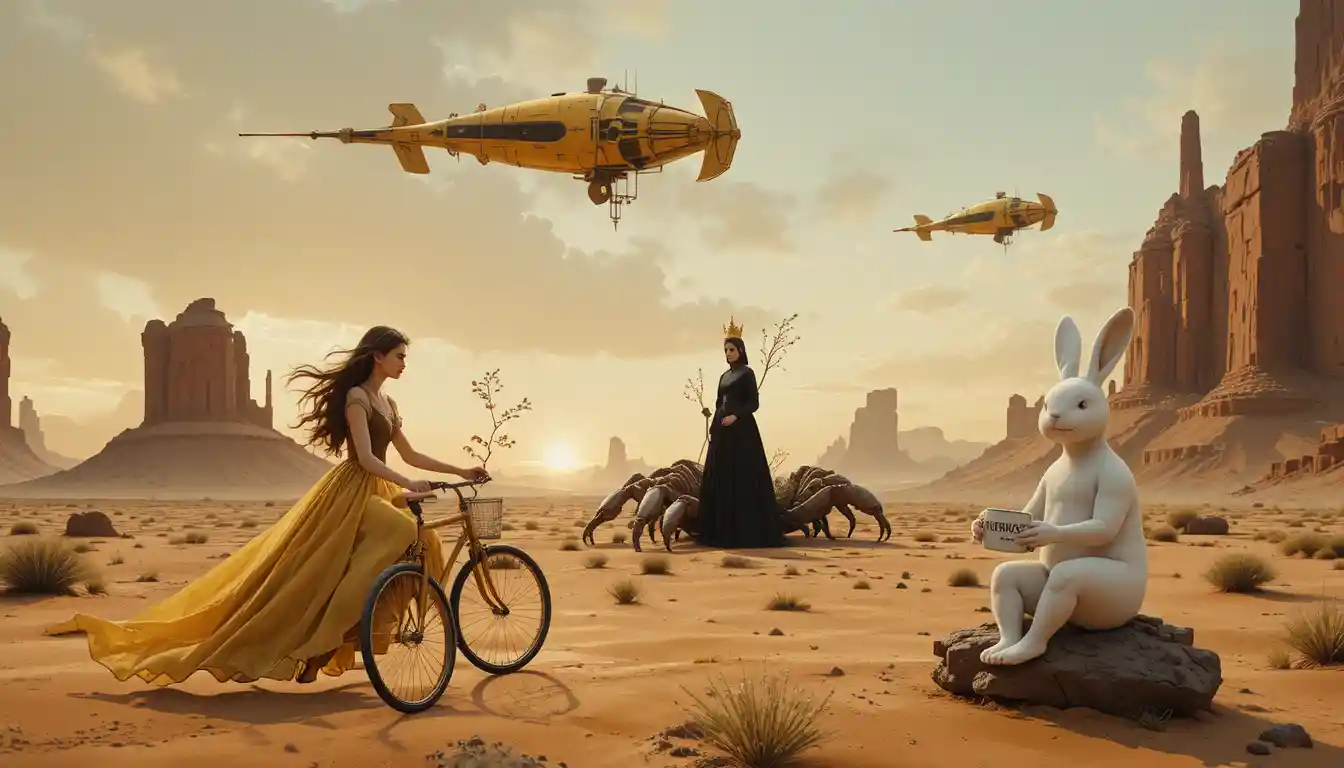 Woman in yellow dress cycling through surreal desert