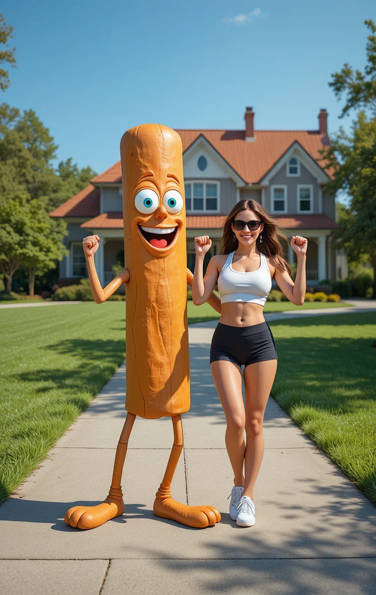 Woman dancing with a cartoon cinnamon stick outdoors