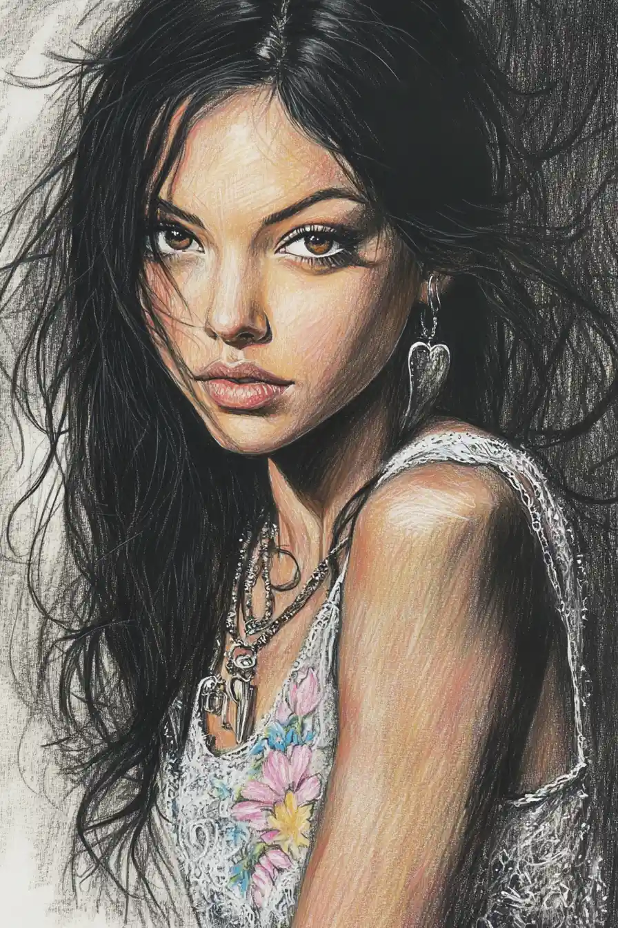 Close up ink portrait of a young woman with intense gaze