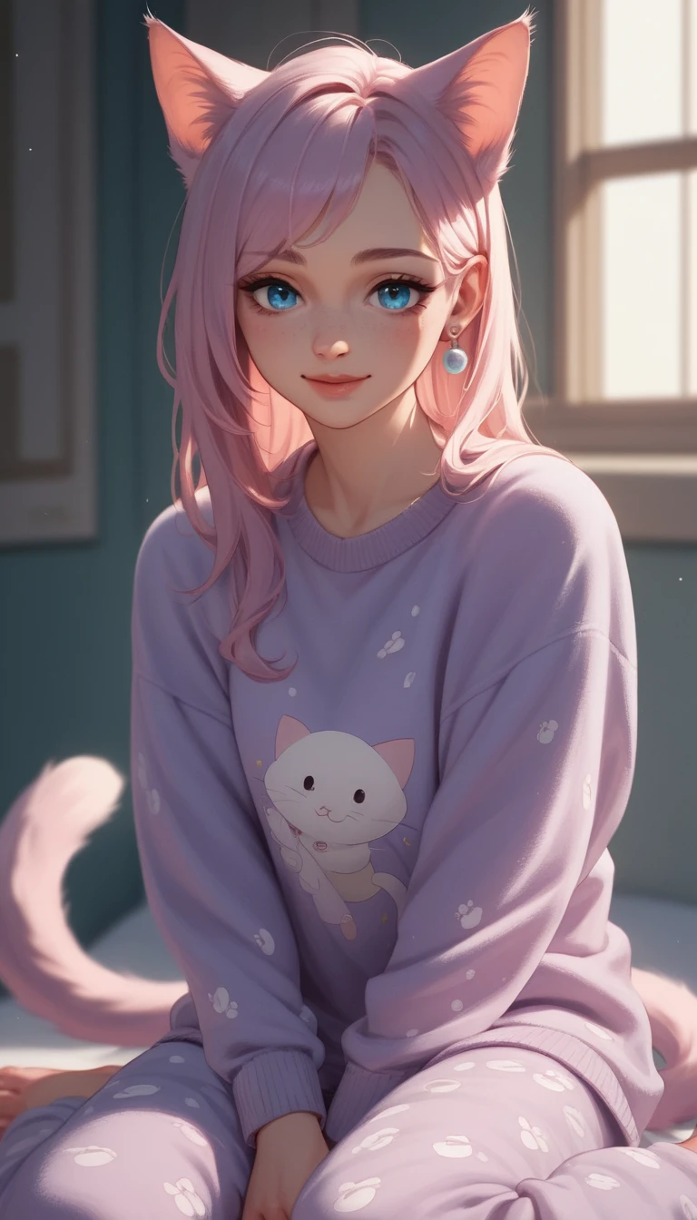 Chica gato juguetona de ojos azules relajándose en una acogedora habitación pastel