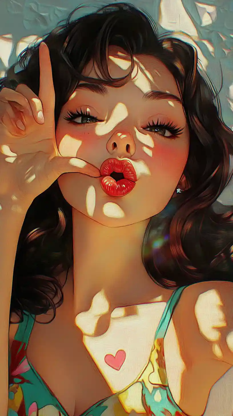 Princesa de anime lanzando un tímido beso al aire lleno de corazones – retrato