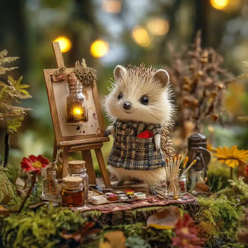 Hedgehog In A Tweed Vest Standing In A Forest Studio