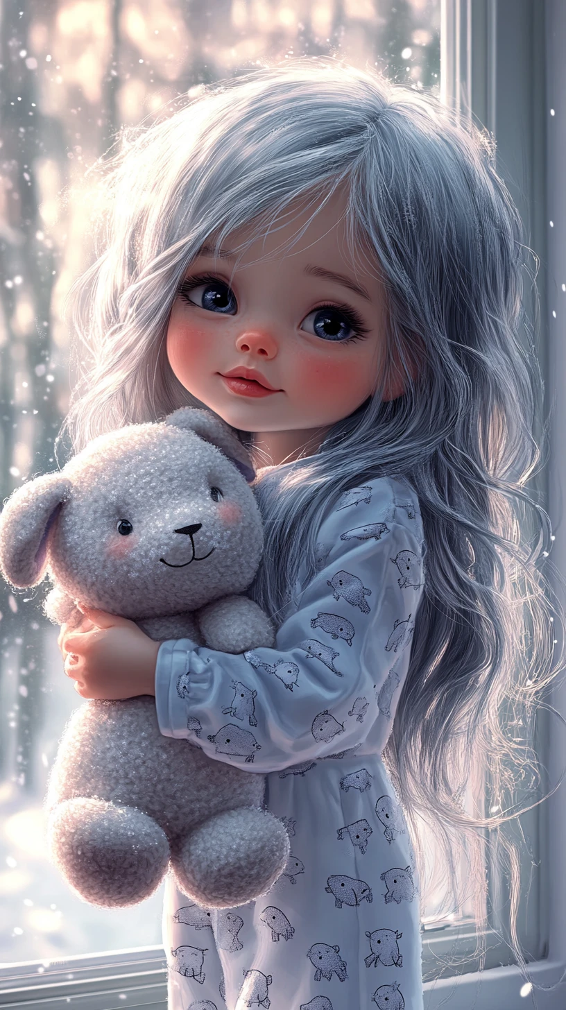 Bebé princesa soñolienta abrazando un peluche junto a la ventana