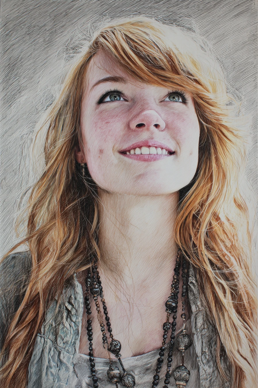 Low angle color pencil portrait of a smiling young woman