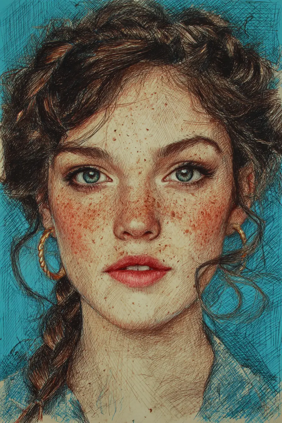 Realistic color pencil portrait of freckled curly haired girl