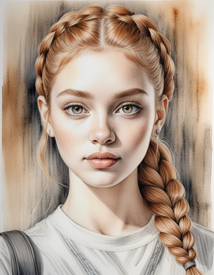 Ink portrait of a young woman with braided auburn hair