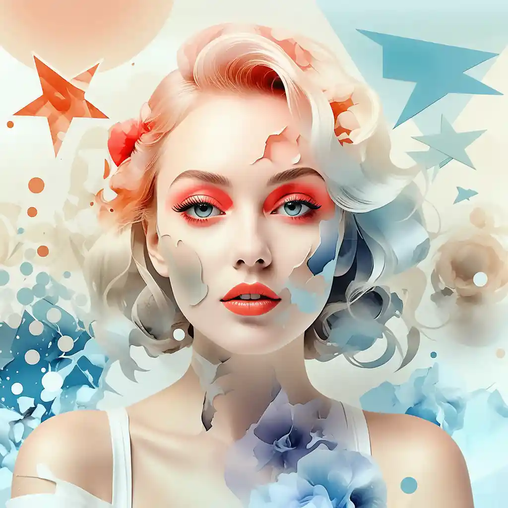 Verspielte Frau in lebendiger orangefarbener Pop-Art-Collagen-Illustration