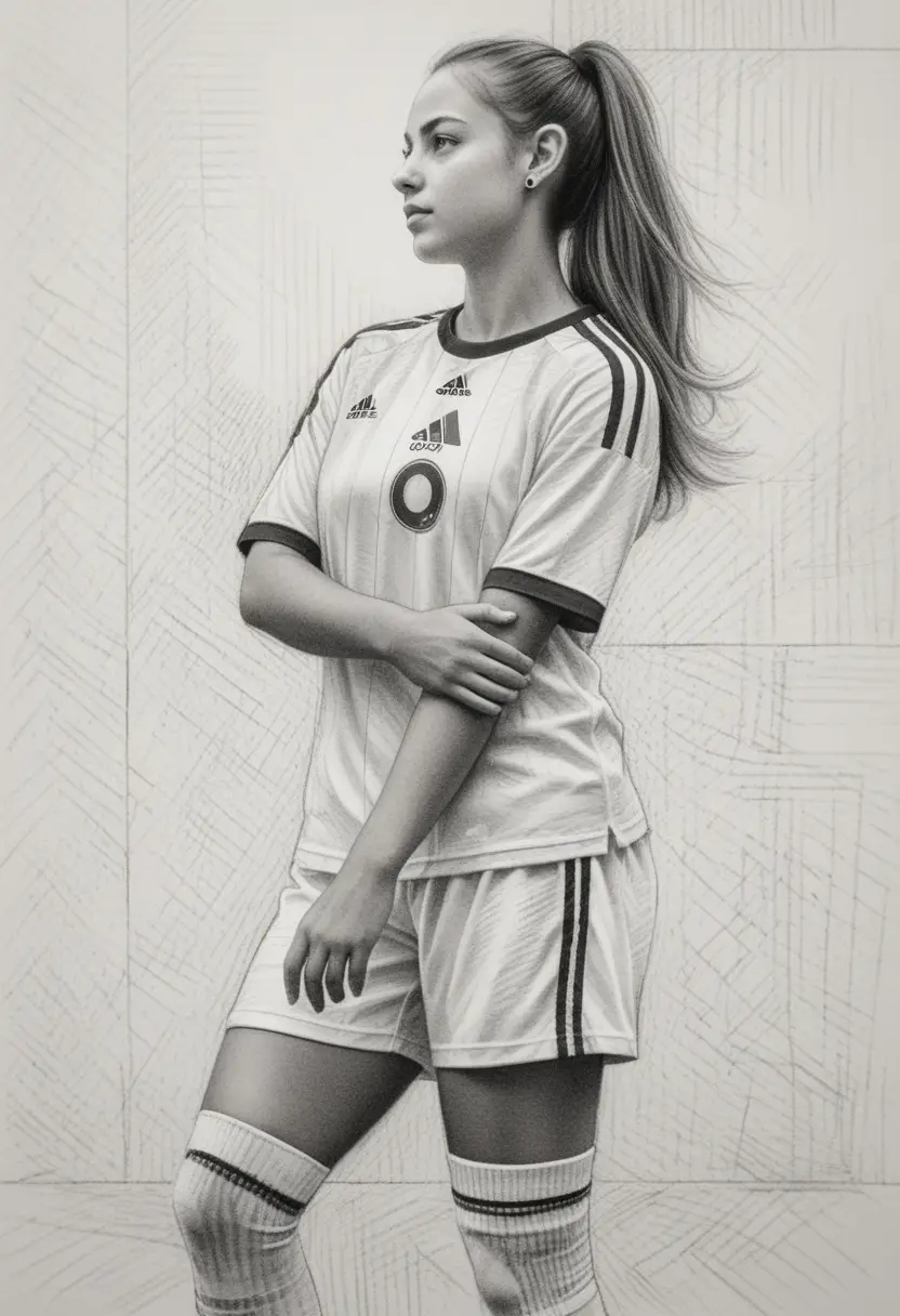 Portrait de profil en graphite d’une jeune footballeuse concentrée