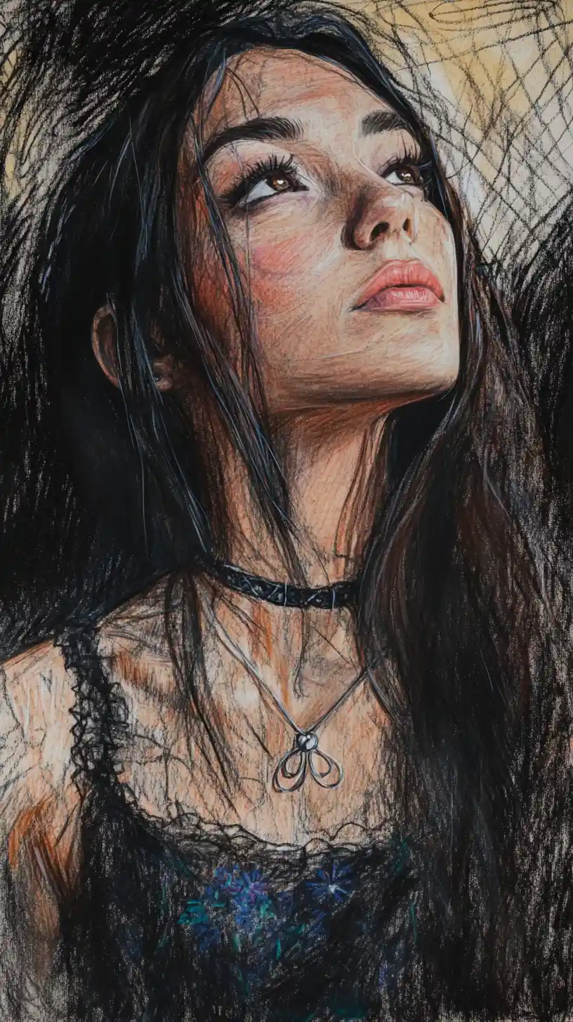 Close up ink portrait of a young woman on textured paper
