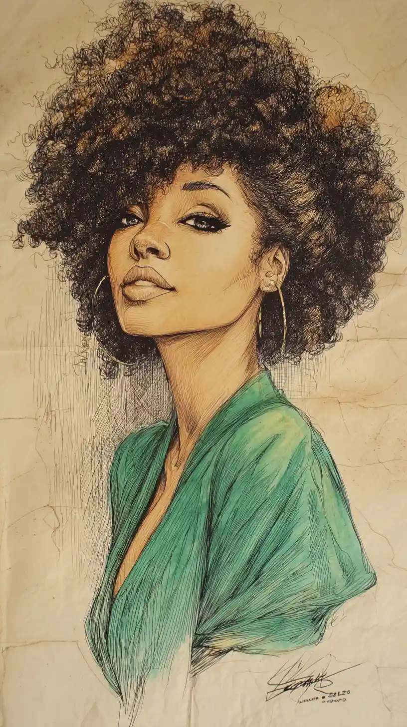Serene close up portrait of a black woman with afro hair