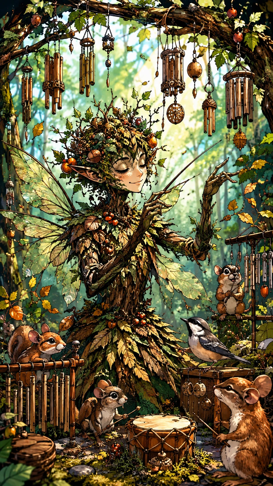 Forest spirit conducting a tiny symphony in sunlight