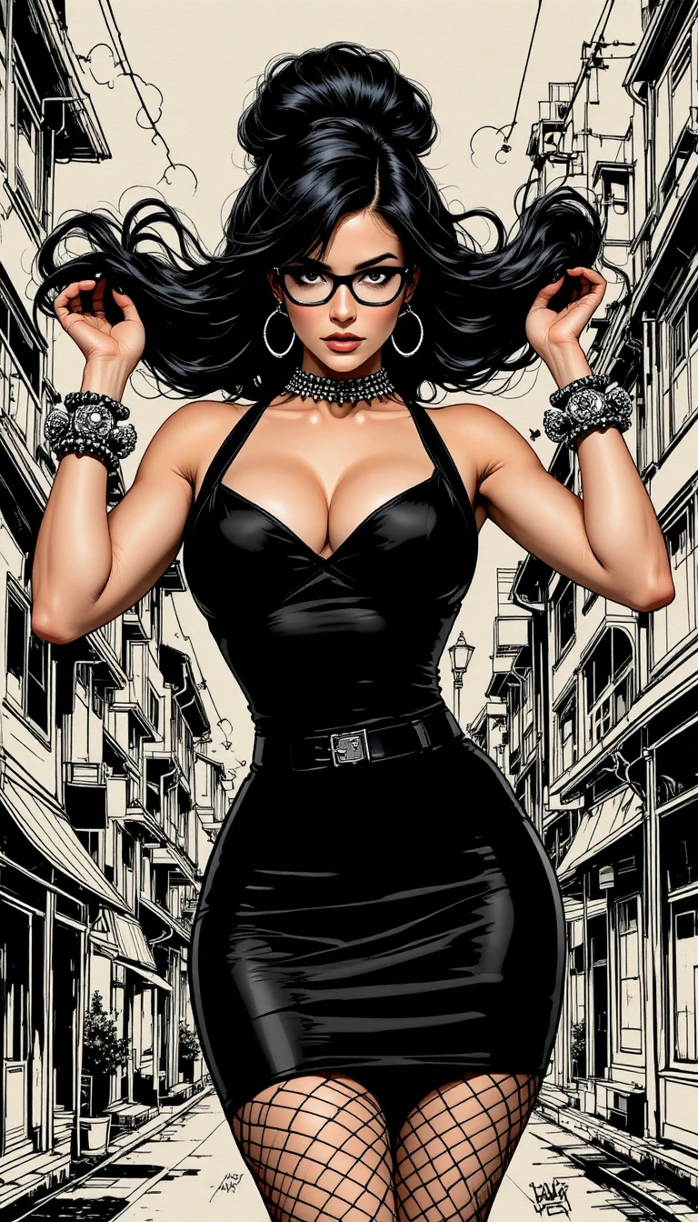 Retrato cómic de cuerpo entero de mujer elegante con vestido negro