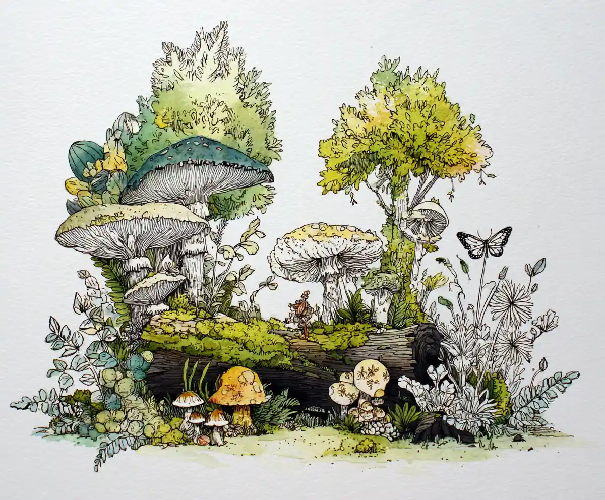Whimsical enchanted forest with sprites and a hidden creature