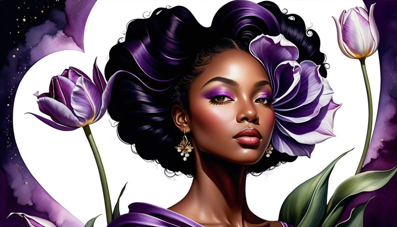 Mujer negra emergiendo de un retrato surrealista de tulipán en flor