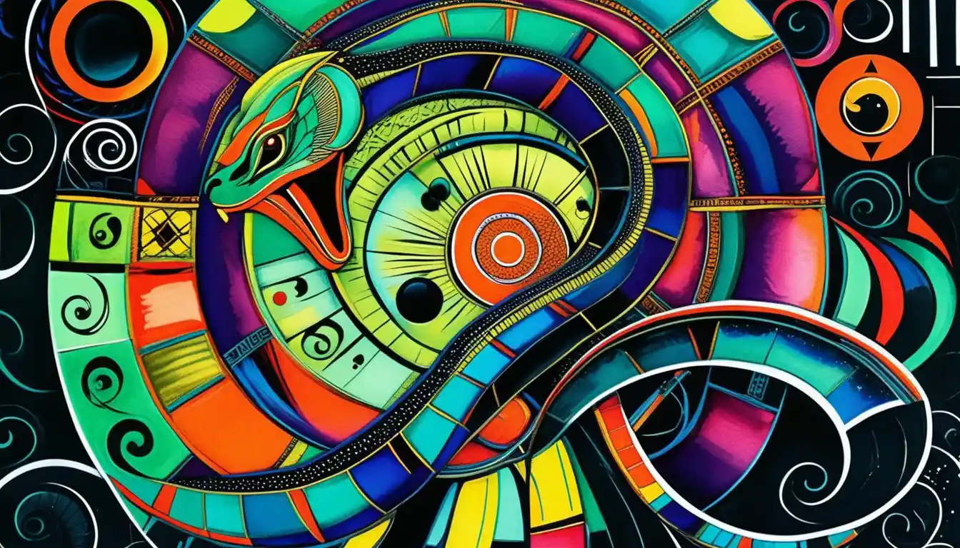 Guardián serpiente afro lujoso en collage surrealista de medios mixtos