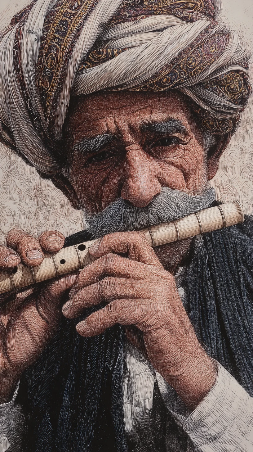Dibujo de retrato de anciano de Medio Oriente tocando flauta de madera