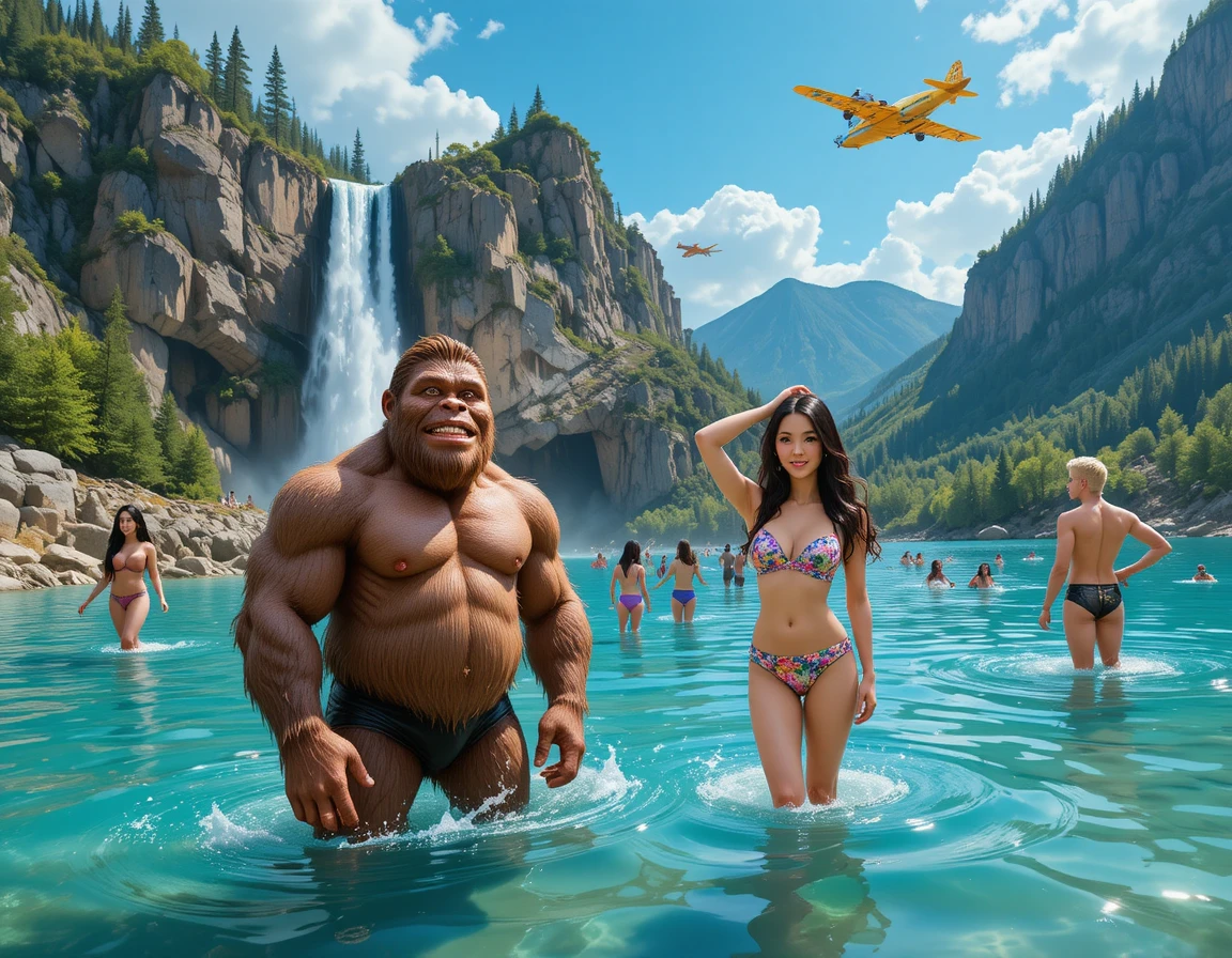 Bigfoot amigable en un lago de montaña bajo una cascada
