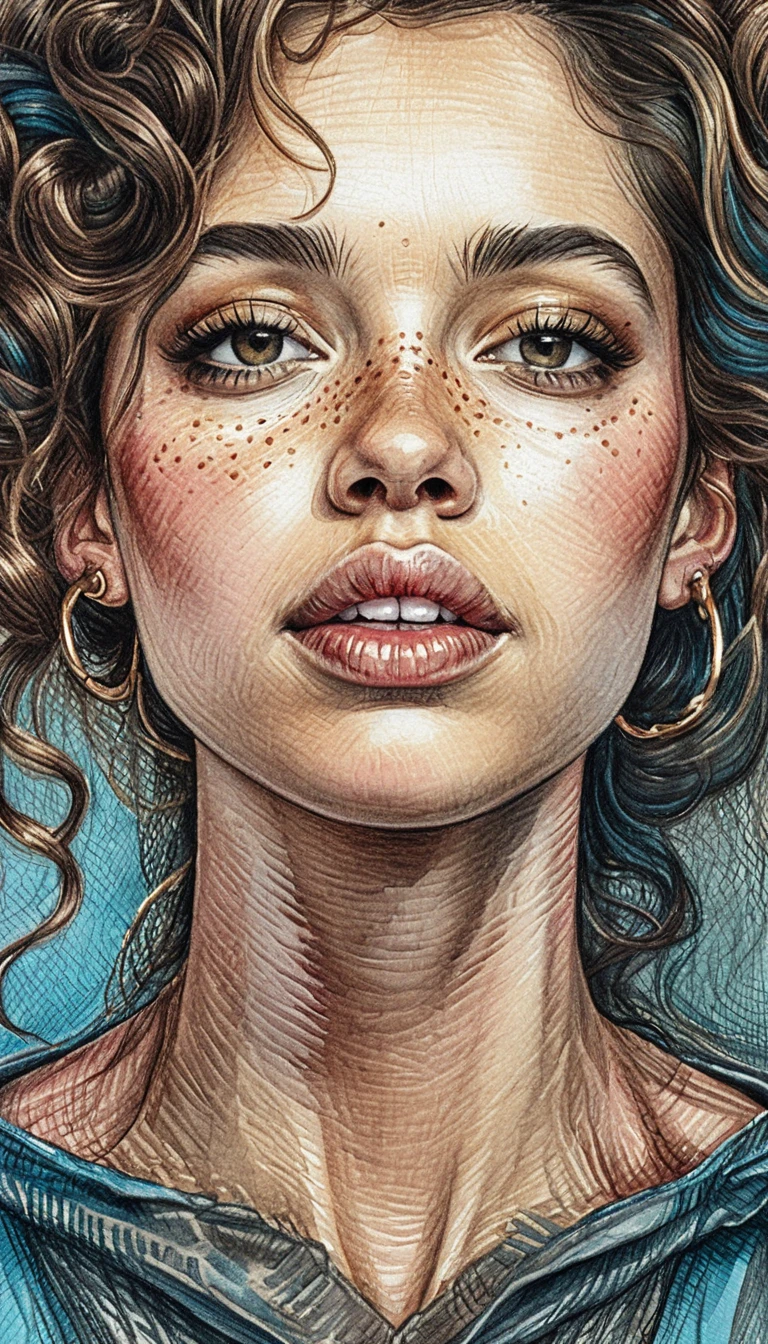 Retrato en primer plano de chica pecosa en dibujo a lápices de colores