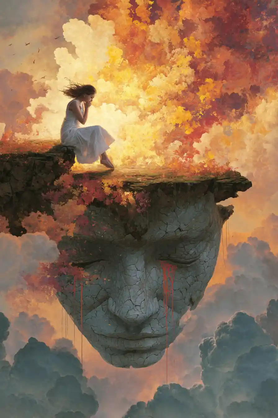Young woman on floating island amid surreal fiery sky