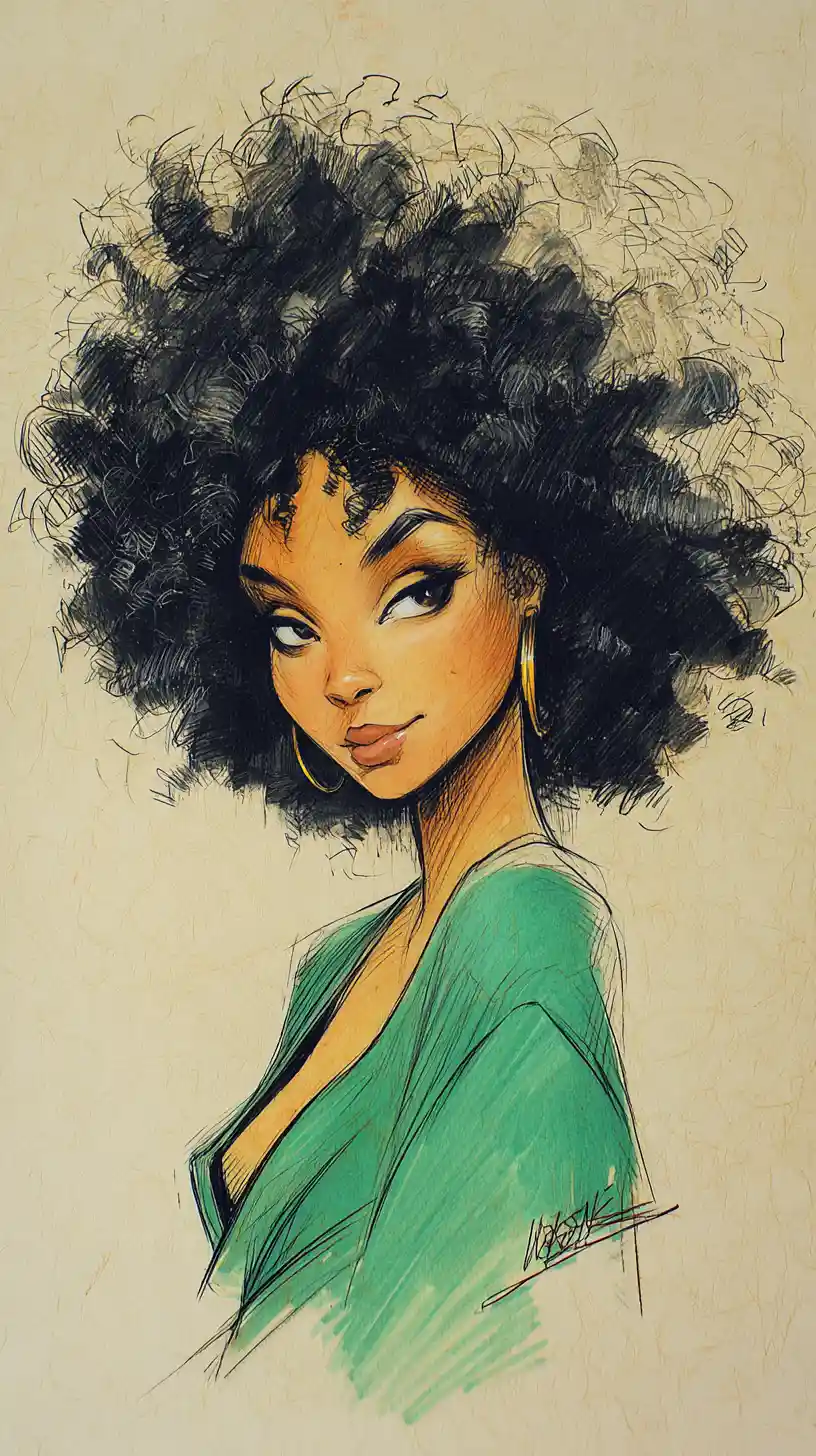 Serene close up portrait of a black woman with afro hair