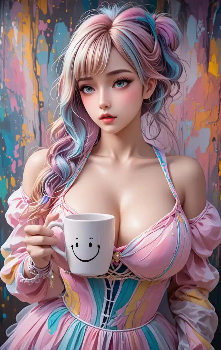 Bunte Frau mit Regenbogenhaar hält eine lächelnde Kaffeetasse