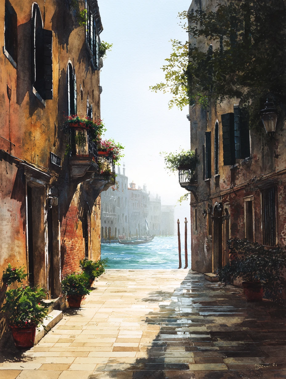 Vista en acuarela onírica de un tranquilo canal veneciano