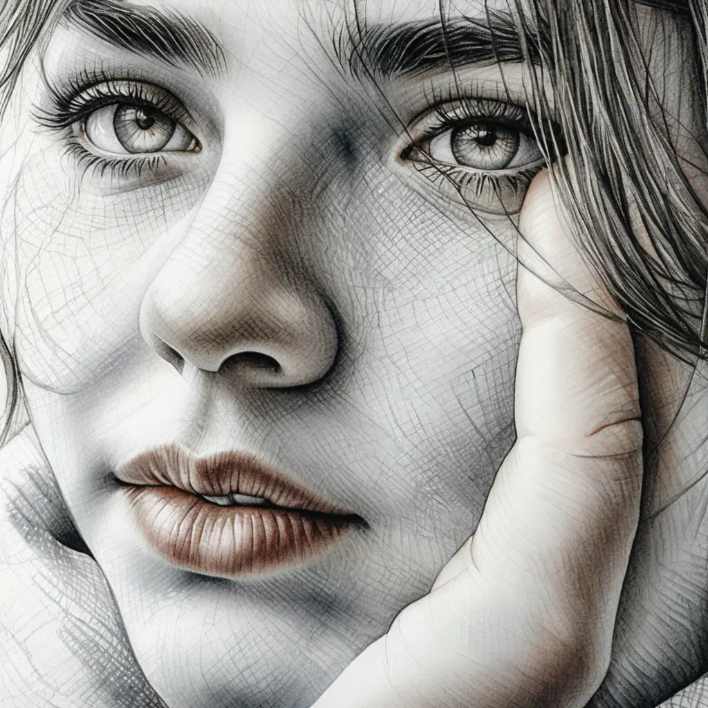 Retrato a Tinta de Joven Pensativa en Primer Plano
