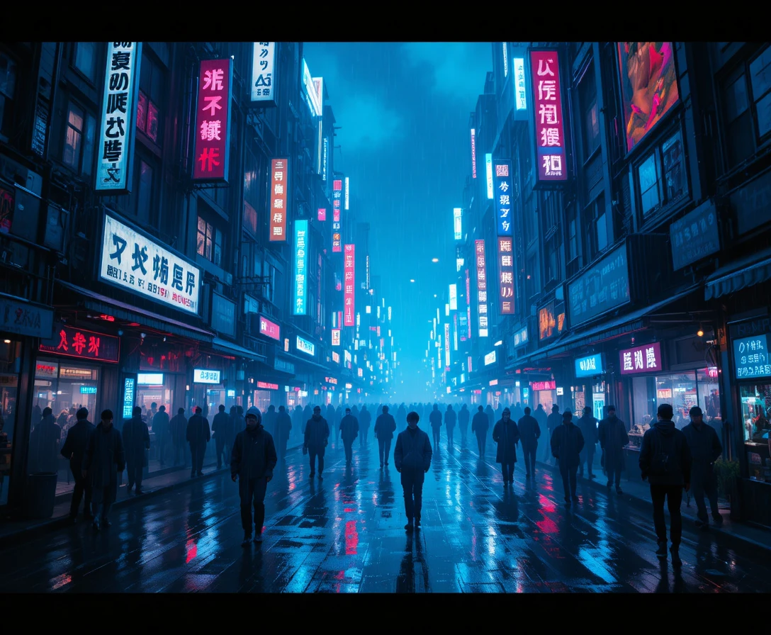 Calle de mercado cyberpunk empapada de lluvia con luces de neón