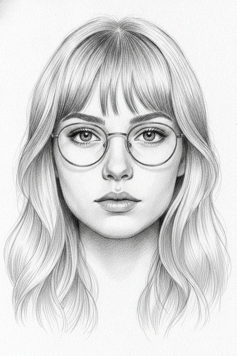 Retrato en grafito de una joven con gafas redondas