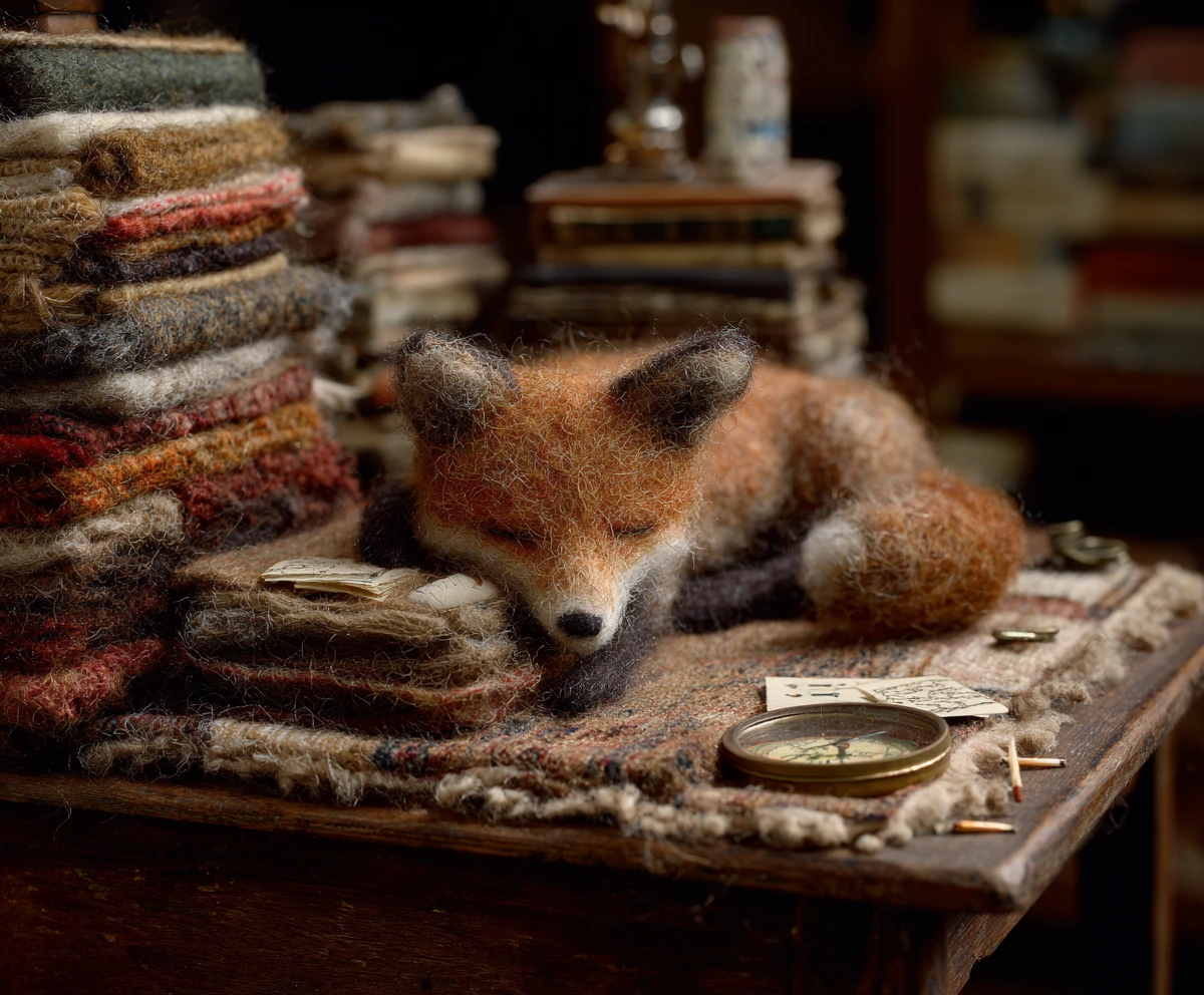 Sleeping fox in a cozy needle felted wool cardigan