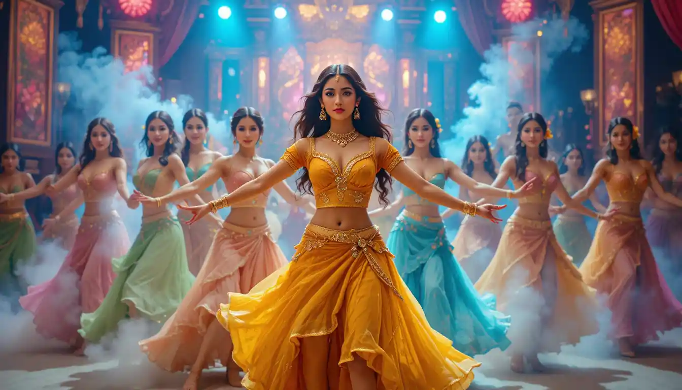 Bailarines de Bollywood con coloridos trajes en un escenario iluminado
