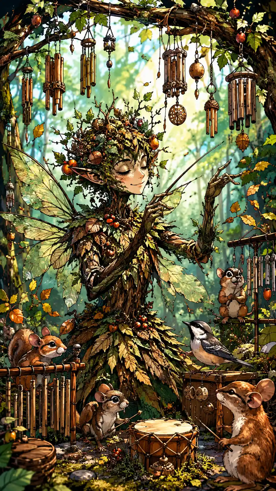 Forest spirit conducting a tiny symphony in sunlight